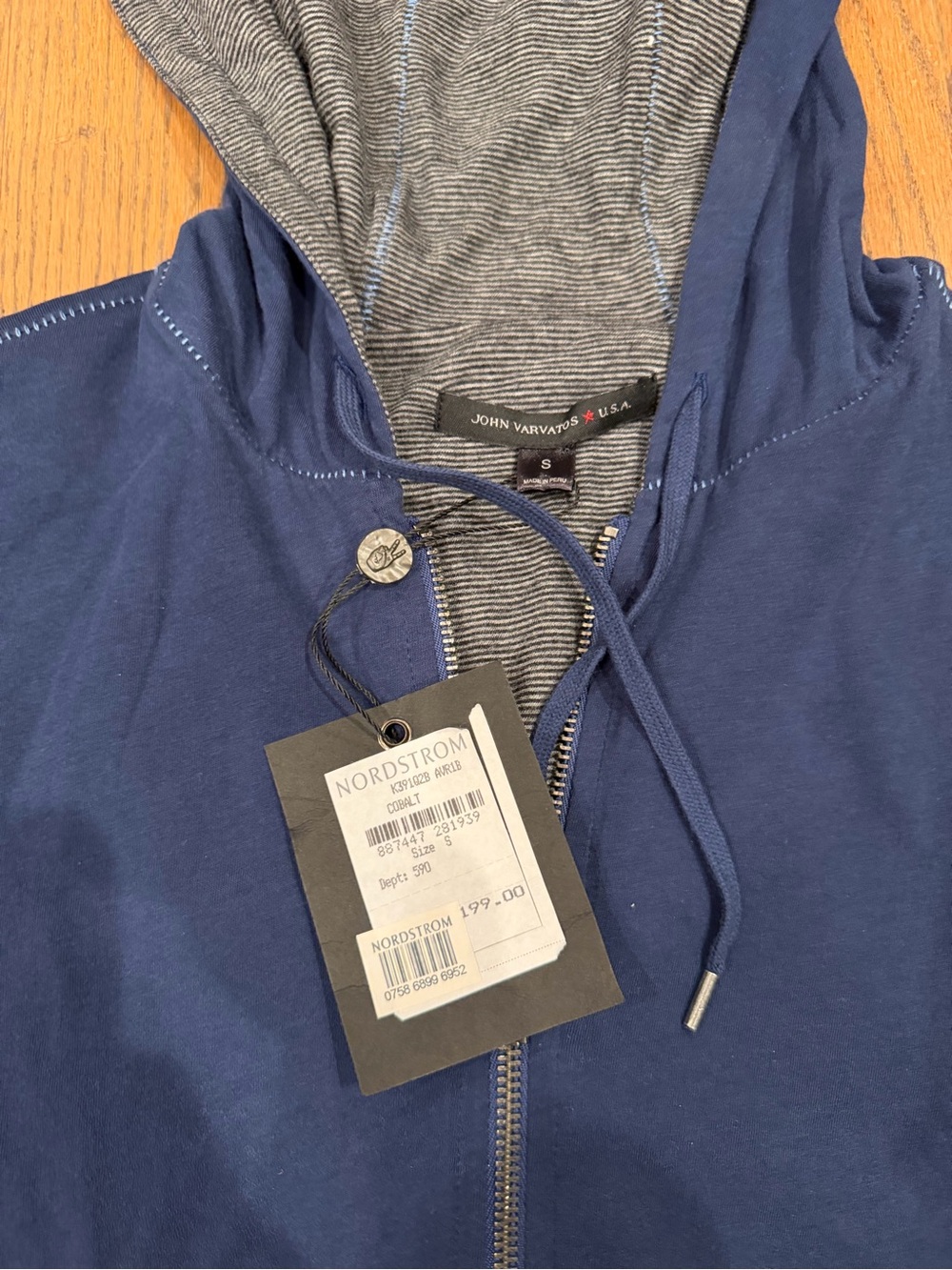 John Varvatos Navy Zip-Up Hoodie with Gray Hood Lining - Picture 2 of 3